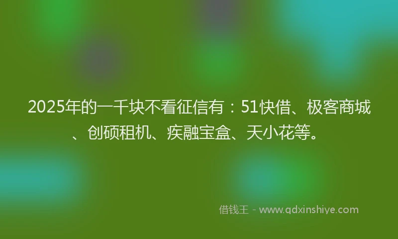2025年的一千块不看征信有：51快借、极客商城、创硕租机、疾融宝盒、天小花等。