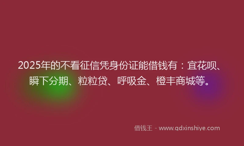 2025年的不看征信凭身份证能借钱有：宜花呗、瞬下分期、粒粒贷、呼吸金、橙丰商城等。