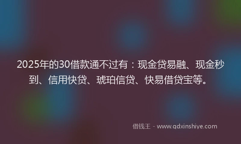 2025年的30借款通不过有：现金贷易融、现金秒到、信用快贷、琥珀信贷、快易借贷宝等。