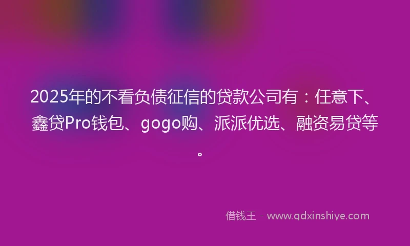 2025年的不看负债征信的贷款公司有：任意下、鑫贷Pro钱包、gogo购、派派优选、融资易贷等。