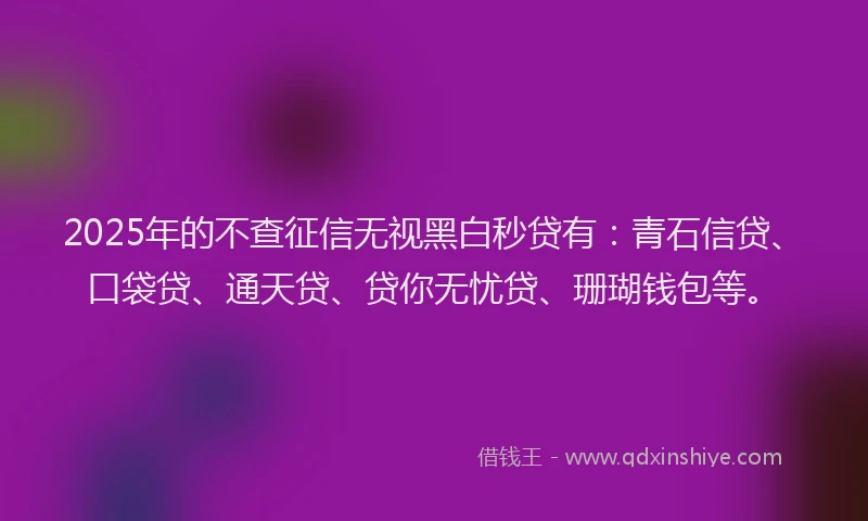 2025年的不查征信无视黑白秒贷有：青石信贷、口袋贷、通天贷、贷你无忧贷、珊瑚钱包等。