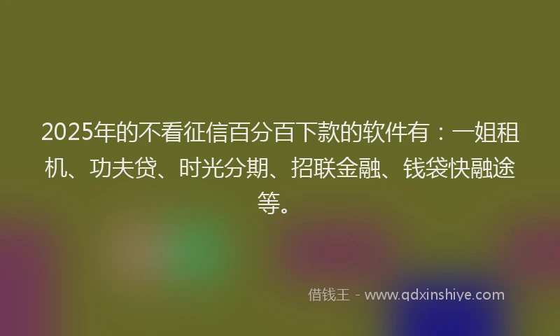 2025年的不看征信百分百下款的软件有：一姐租机、功夫贷、时光分期、招联金融、钱袋快融途等。