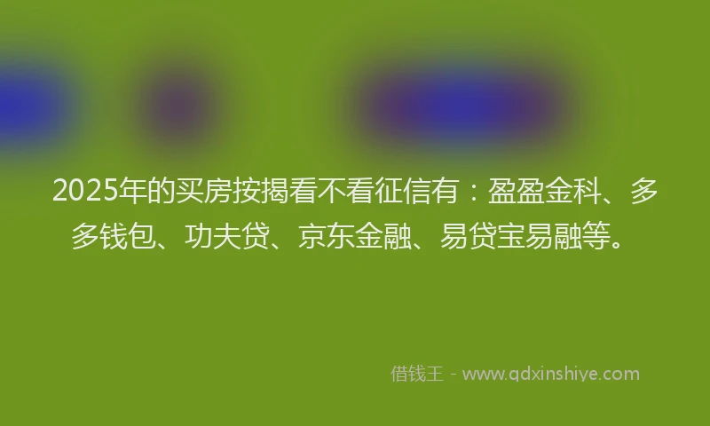 2025年的买房按揭看不看征信有：盈盈金科、多多钱包、功夫贷、京东金融、易贷宝易融等。