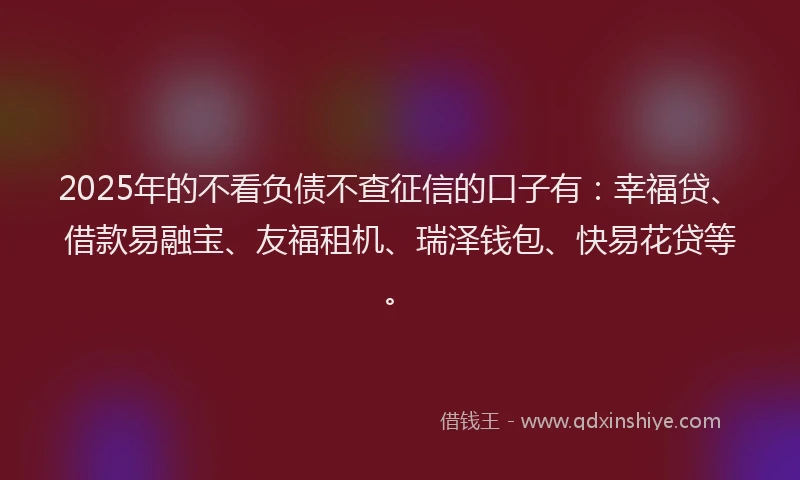 2025年的不看负债不查征信的口子有：幸福贷、借款易融宝、友福租机、瑞泽钱包、快易花贷等。