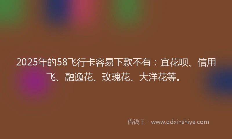 2025年的58飞行卡容易下款不有：宜花呗、信用飞、融逸花、玫瑰花、大洋花等。