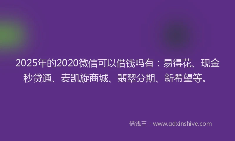 2025年的2020微信可以借钱吗有：易得花、现金秒贷通、麦凯旋商城、翡翠分期、新希望等。