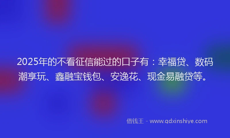 2025年的不看征信能过的口子有：幸福贷、数码潮享玩、鑫融宝钱包、安逸花、现金易融贷等。