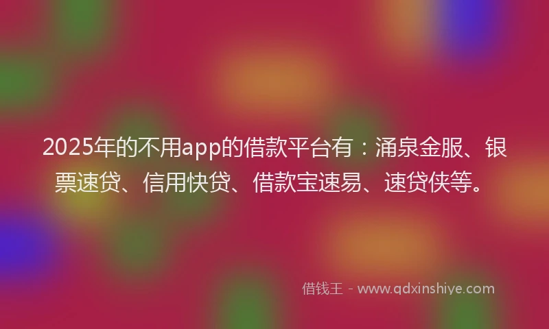 2025年的不用app的借款平台有：涌泉金服、银票速贷、信用快贷、借款宝速易、速贷侠等。