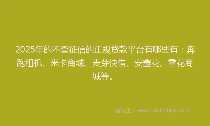 2025年的不查征信的正规贷款平台有哪些有：奔跑租机、米卡商城、麦芽快借、安鑫花、雪花商城等。