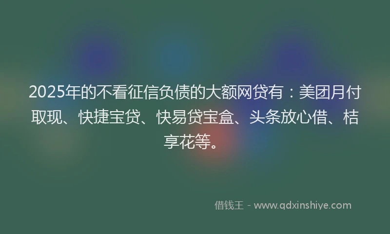 2025年的不看征信负债的大额网贷有：美团月付取现、快捷宝贷、快易贷宝盒、头条放心借、桔享花等。