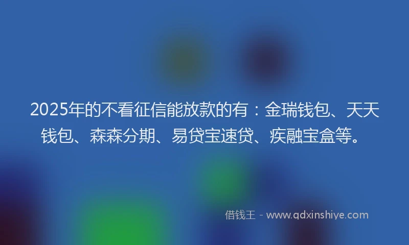 2025年的不看征信能放款的有：金瑞钱包、天天钱包、森森分期、易贷宝速贷、疾融宝盒等。
