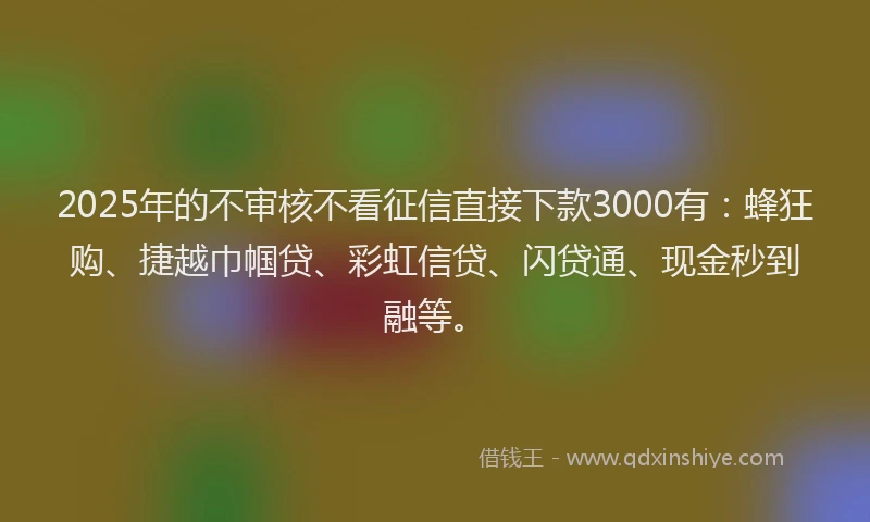 2025年的不审核不看征信直接下款3000有：蜂狂购、捷越巾帼贷、彩虹信贷、闪贷通、现金秒到融等。
