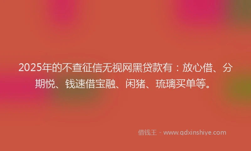 2025年的不查征信无视网黑贷款有：放心借、分期悦、钱速借宝融、闲猪、琉璃买单等。