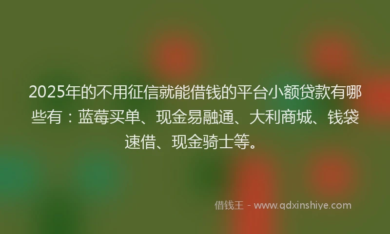 2025年的不用征信就能借钱的平台小额贷款有哪些有：蓝莓买单、现金易融通、大利商城、钱袋速借、现金骑士等。