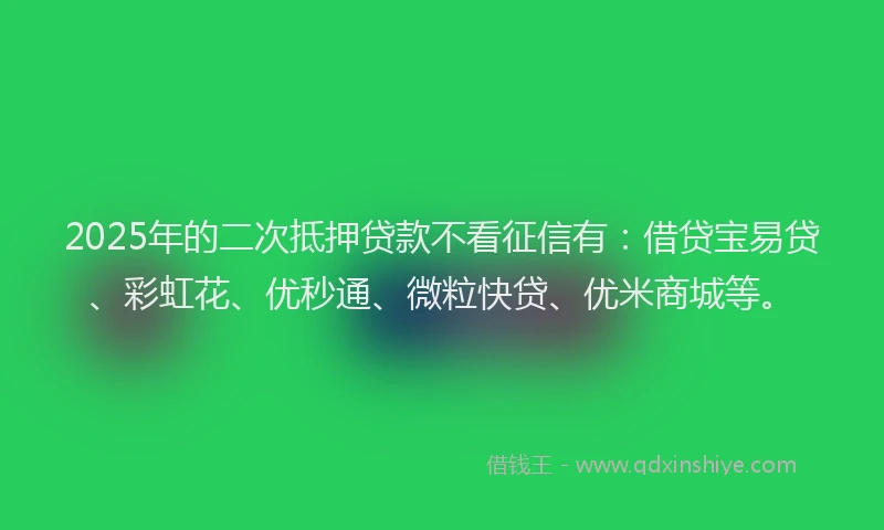 2025年的二次抵押贷款不看征信有：借贷宝易贷、彩虹花、优秒通、微粒快贷、优米商城等。
