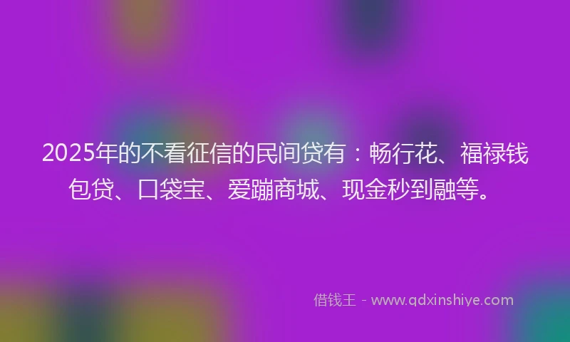 2025年的不看征信的民间贷有：畅行花、福禄钱包贷、口袋宝、爱蹦商城、现金秒到融等。