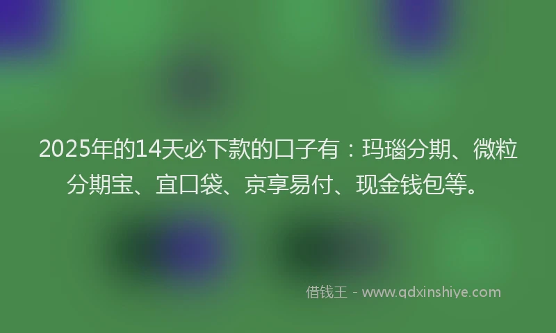 2025年的14天必下款的口子有：玛瑙分期、微粒分期宝、宜口袋、京享易付、现金钱包等。