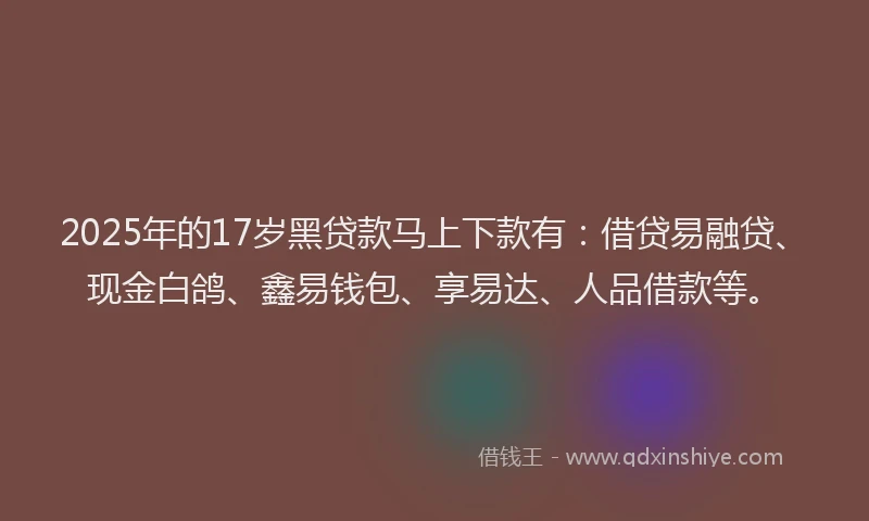 2025年的17岁黑贷款马上下款有：借贷易融贷、现金白鸽、鑫易钱包、享易达、人品借款等。
