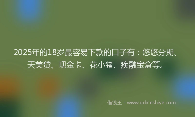 2025年的18岁最容易下款的口子有：悠悠分期、天美贷、现金卡、花小猪、疾融宝盒等。