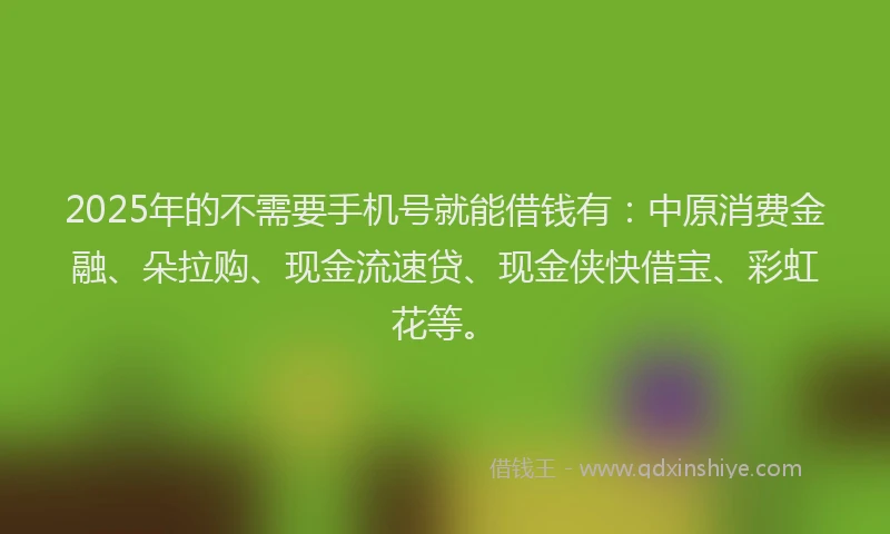 2025年的不需要手机号就能借钱有：中原消费金融、朵拉购、现金流速贷、现金侠快借宝、彩虹花等。