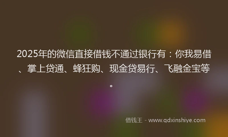 2025年的微信直接借钱不通过银行有：你我易借、掌上贷通、蜂狂购、现金贷易行、飞融金宝等。