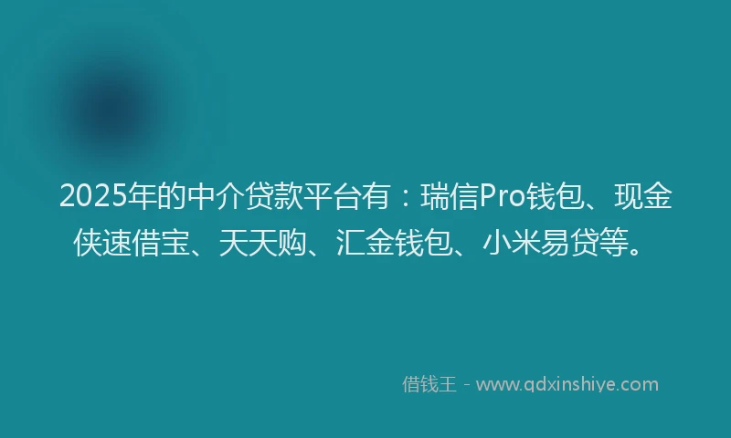 2025年的中介贷款平台有：瑞信Pro钱包、现金侠速借宝、天天购、汇金钱包、小米易贷等。