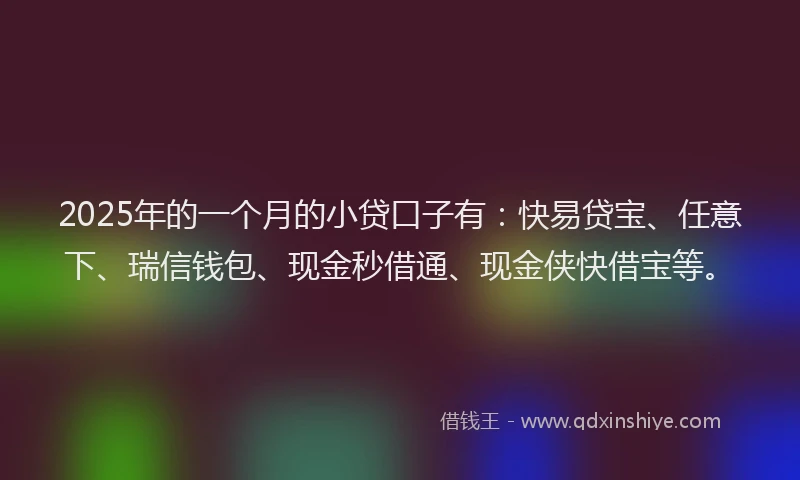 2025年的一个月的小贷口子有：快易贷宝、任意下、瑞信钱包、现金秒借通、现金侠快借宝等。