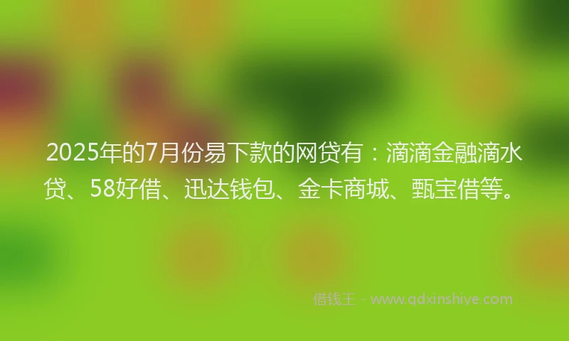 2025年的7月份易下款的网贷有：滴滴金融滴水贷、58好借、迅达钱包、金卡商城、甄宝借等。