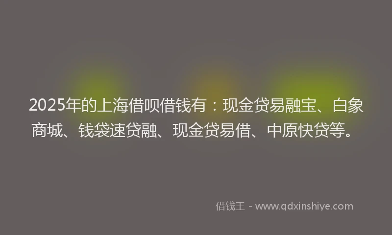 2025年的上海借呗借钱有：现金贷易融宝、白象商城、钱袋速贷融、现金贷易借、中原快贷等。