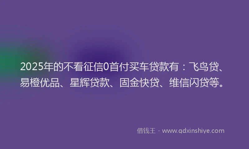 2025年的不看征信0首付买车贷款有：飞鸟贷、易橙优品、星辉贷款、固金快贷、维信闪贷等。