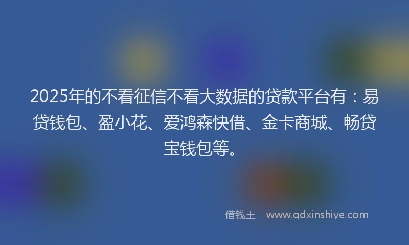 2025年的不看征信不看大数据的贷款平台有：易贷钱包、盈小花、爱鸿森快借、金卡商城、畅贷宝钱包等。