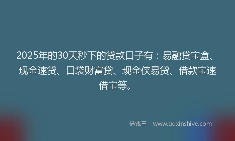 2025年的30天秒下的贷款口子有：易融贷宝盒、现金速贷、口袋财富贷、现金侠易贷、借款宝速借宝等。