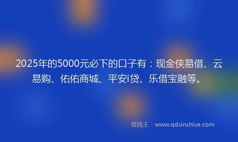 2025年的5000元必下的口子有：现金侠易借、云易购、佑佑商城、平安i贷、乐借宝融等。