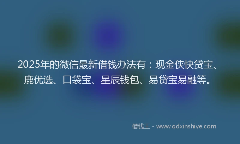 2025年的微信最新借钱办法有：现金侠快贷宝、鹿优选、口袋宝、星辰钱包、易贷宝易融等。