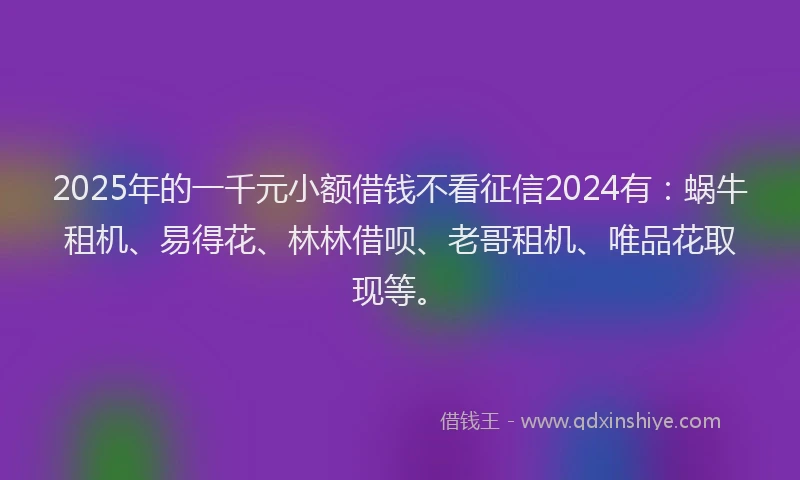2025年的一千元小额借钱不看征信2024有：蜗牛租机、易得花、林林借呗、老哥租机、唯品花取现等。