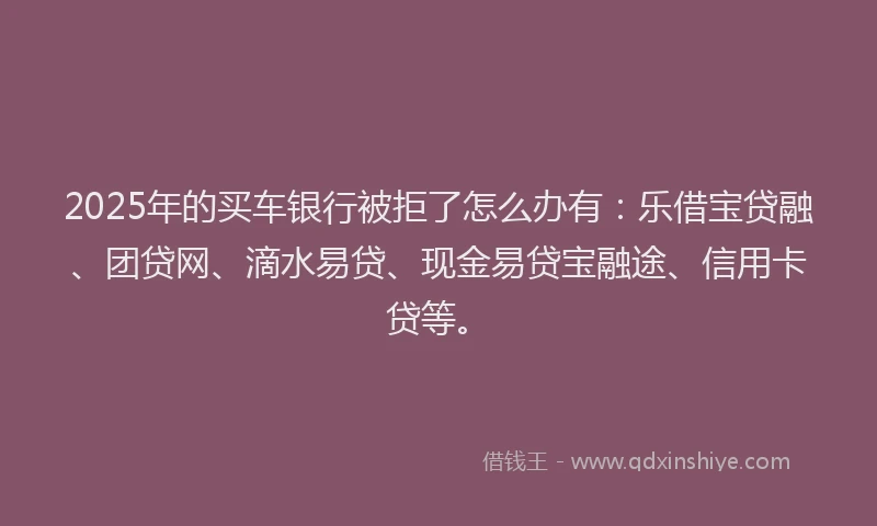 2025年的买车银行被拒了怎么办有：乐借宝贷融、团贷网、滴水易贷、现金易贷宝融途、信用卡贷等。