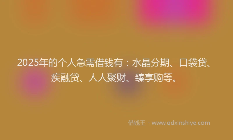 2025年的个人急需借钱有：水晶分期、口袋贷、疾融贷、人人聚财、臻享购等。