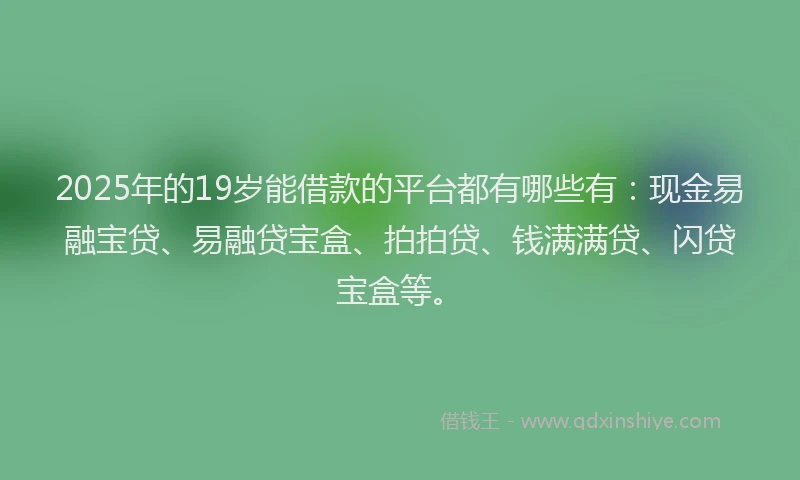 2025年的19岁能借款的平台都有哪些有：现金易融宝贷、易融贷宝盒、拍拍贷、钱满满贷、闪贷宝盒等。