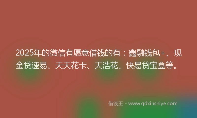 2025年的微信有愿意借钱的有：鑫融钱包+、现金贷速易、天天花卡、天浩花、快易贷宝盒等。