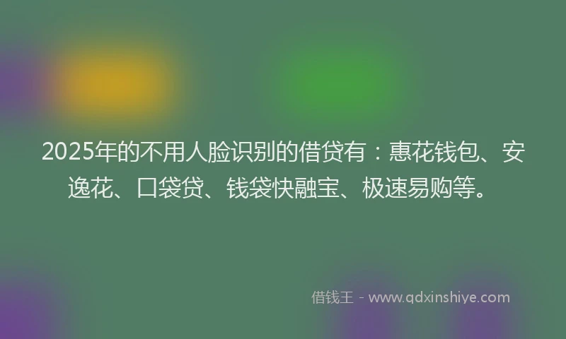 2025年的不用人脸识别的借贷有：惠花钱包、安逸花、口袋贷、钱袋快融宝、极速易购等。