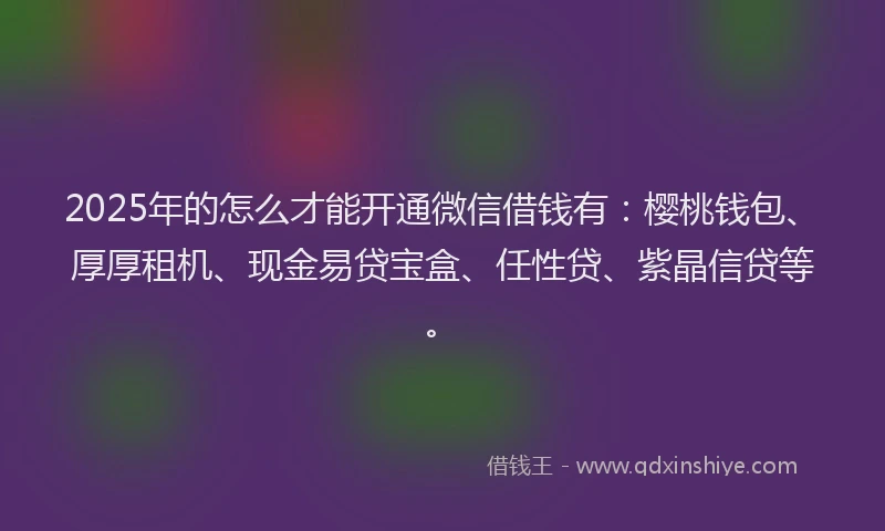 2025年的怎么才能开通微信借钱有：樱桃钱包、厚厚租机、现金易贷宝盒、任性贷、紫晶信贷等。