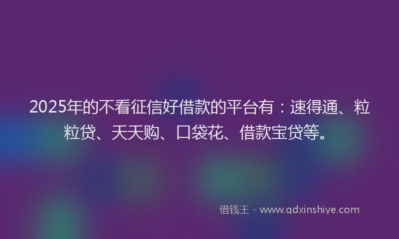 2025年的不看征信好借款的平台有：速得通、粒粒贷、天天购、口袋花、借款宝贷等。