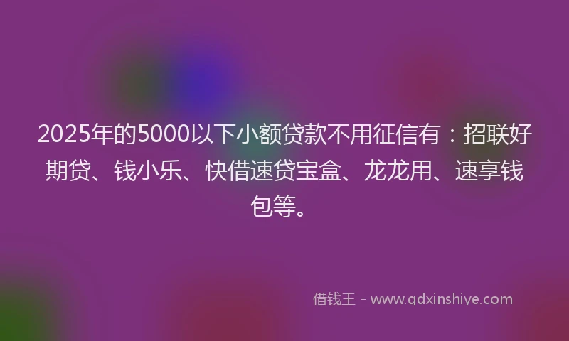 2025年的5000以下小额贷款不用征信有：招联好期贷、钱小乐、快借速贷宝盒、龙龙用、速享钱包等。