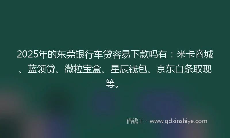 2025年的东莞银行车贷容易下款吗有：米卡商城、蓝领贷、微粒宝盒、星辰钱包、京东白条取现等。