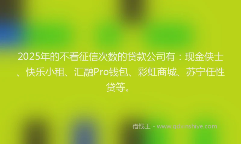 2025年的不看征信次数的贷款公司有：现金侠士、快乐小租、汇融Pro钱包、彩虹商城、苏宁任性贷等。