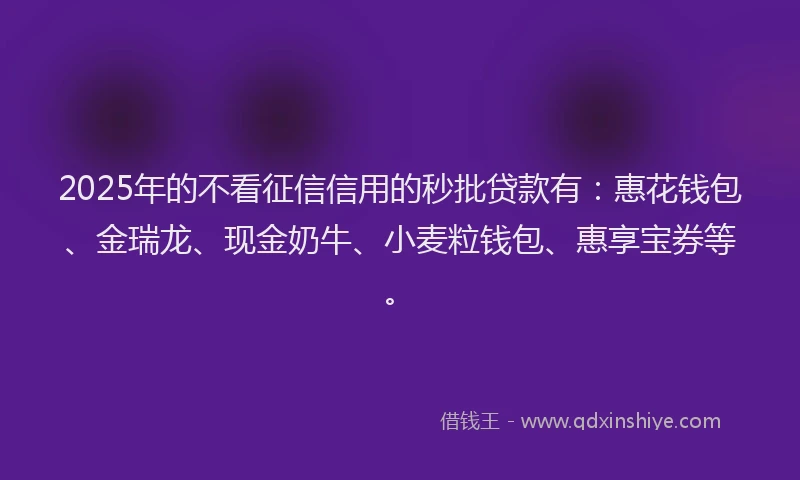 2025年的不看征信信用的秒批贷款有：惠花钱包、金瑞龙、现金奶牛、小麦粒钱包、惠享宝券等。