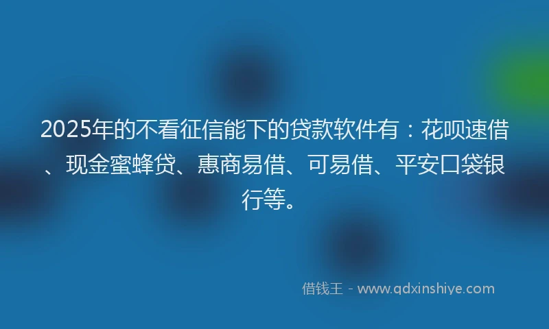 2025年的不看征信能下的贷款软件有：花呗速借、现金蜜蜂贷、惠商易借、可易借、平安口袋银行等。