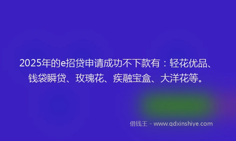 2025年的e招贷申请成功不下款有：轻花优品、钱袋瞬贷、玫瑰花、疾融宝盒、大洋花等。