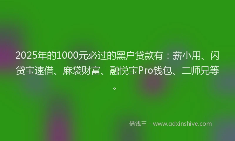 2025年的1000元必过的黑户贷款有：薪小用、闪贷宝速借、麻袋财富、融悦宝Pro钱包、二师兄等。