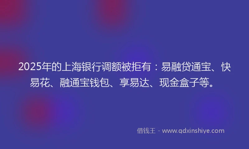 2025年的上海银行调额被拒有：易融贷通宝、快易花、融通宝钱包、享易达、现金盒子等。